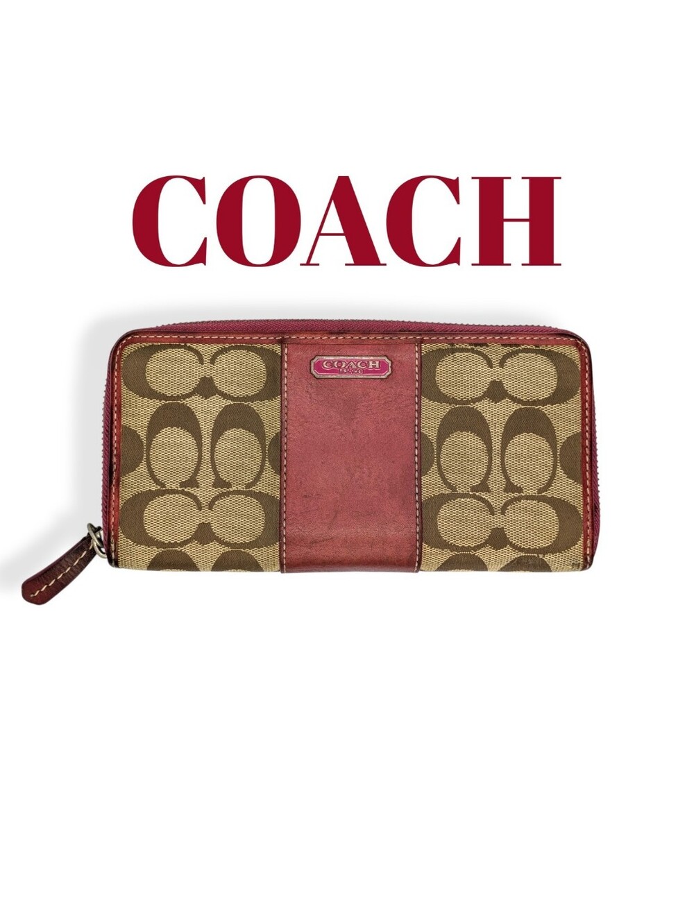 Coach Signature Canvas & Leather Wallet Burgundy Leather Zip Around Continental